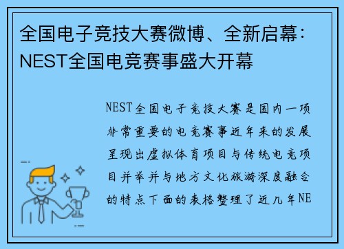 全国电子竞技大赛微博、全新启幕：NEST全国电竞赛事盛大开幕